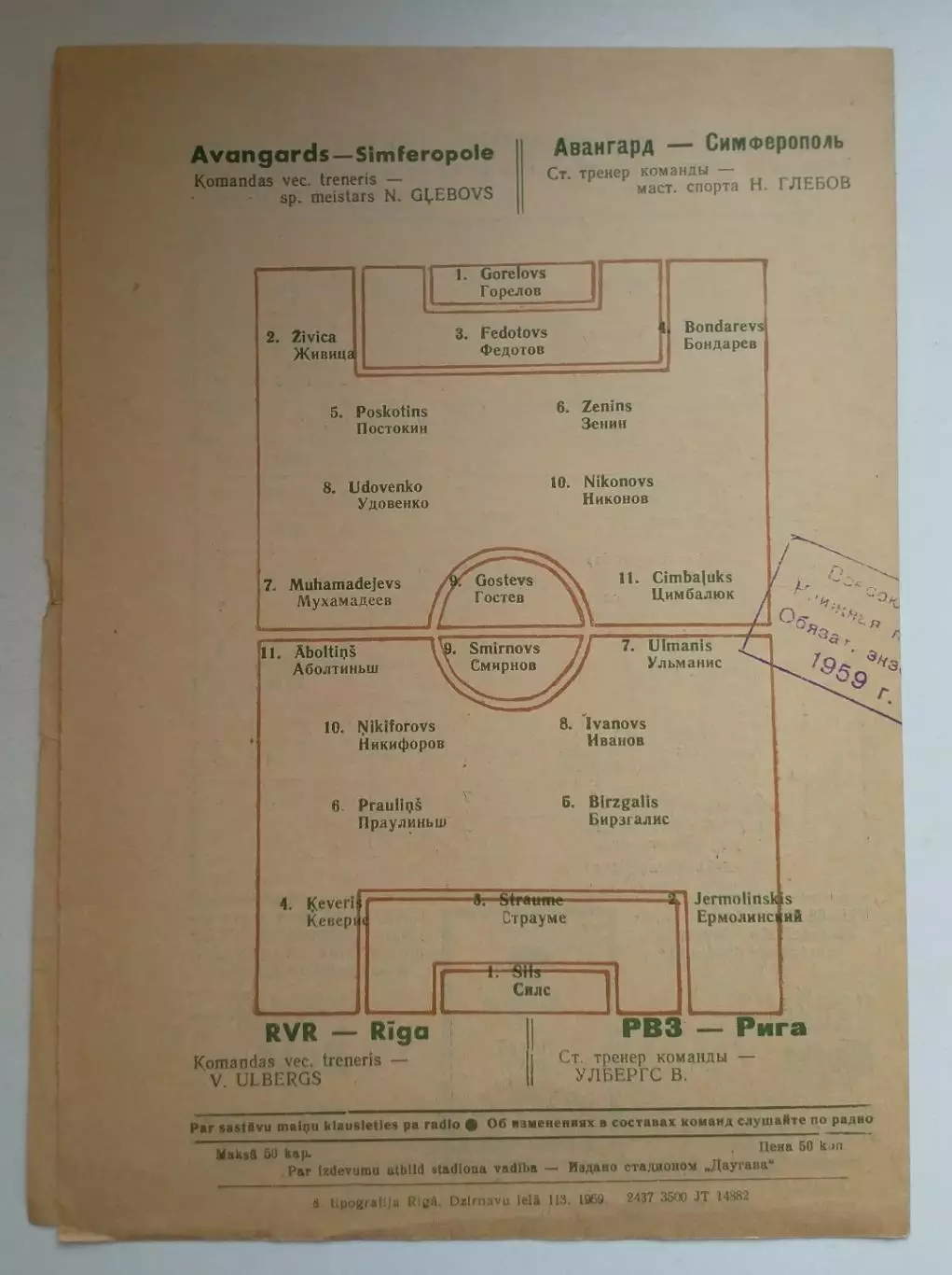 РВЗ Рига - Авангард Симферополь 1959г. 1