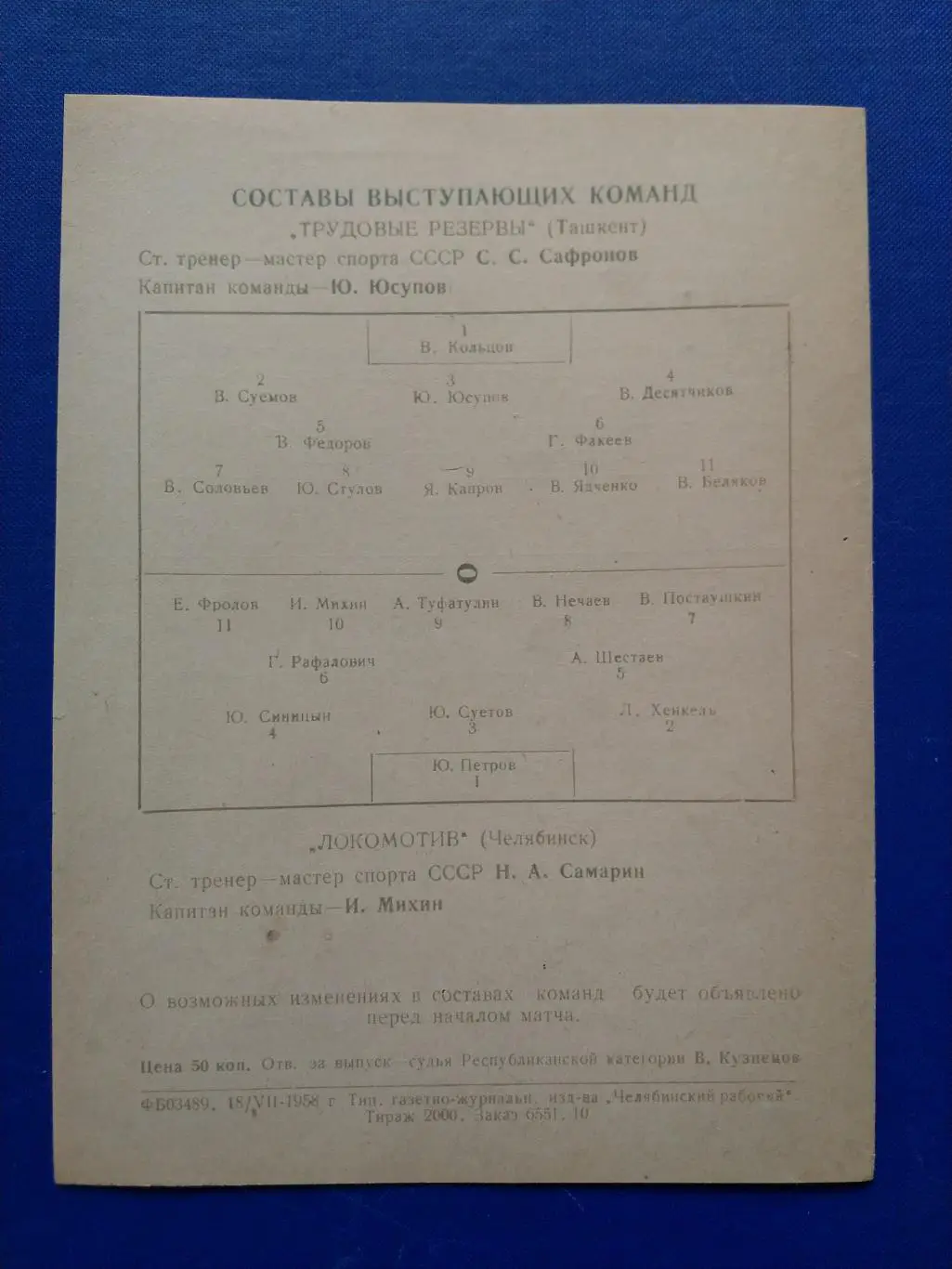 Локомотив Челябинск - Трудовые резервы 1958г. 1