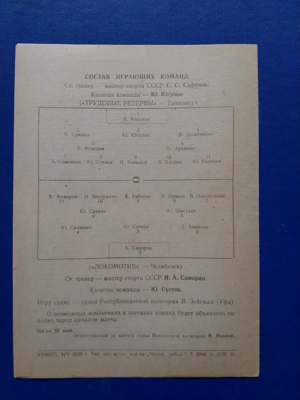 Локомотив Челябинск - Трудовые резервы 1959г. 1