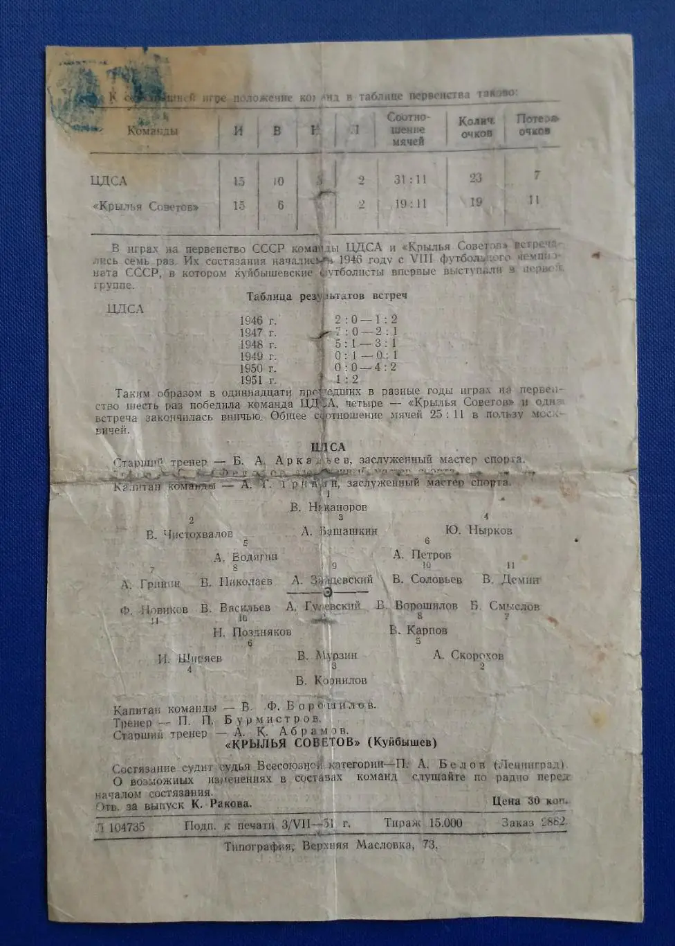 ЦДСА Крылья советов 1951г. 2