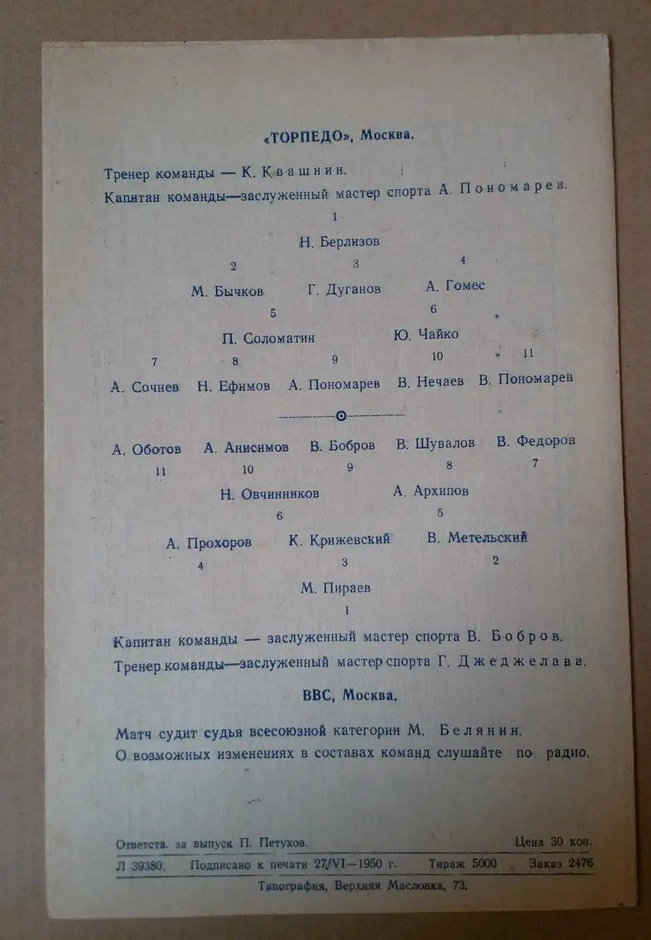 Торпедо Москва - ВВС Москва 30.06.1950 2