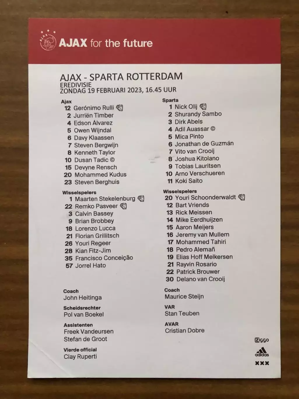 Акция! Все по 5 грн! Аякс - Спарта Роттердам. 19.02.2023. Стартовый протокол