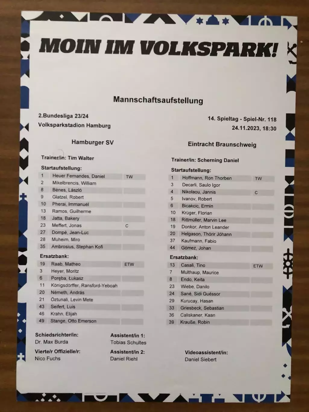 Акция! Все по 5! Гамбург - Айнтрахт Брауншвейг. 24.11.2023. Стартовый протокол