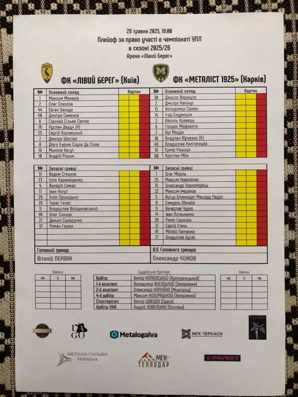 Акция! Все по 5 грн! Левый Берег - Карпаты. 02.05.2025. Стартовый протокол