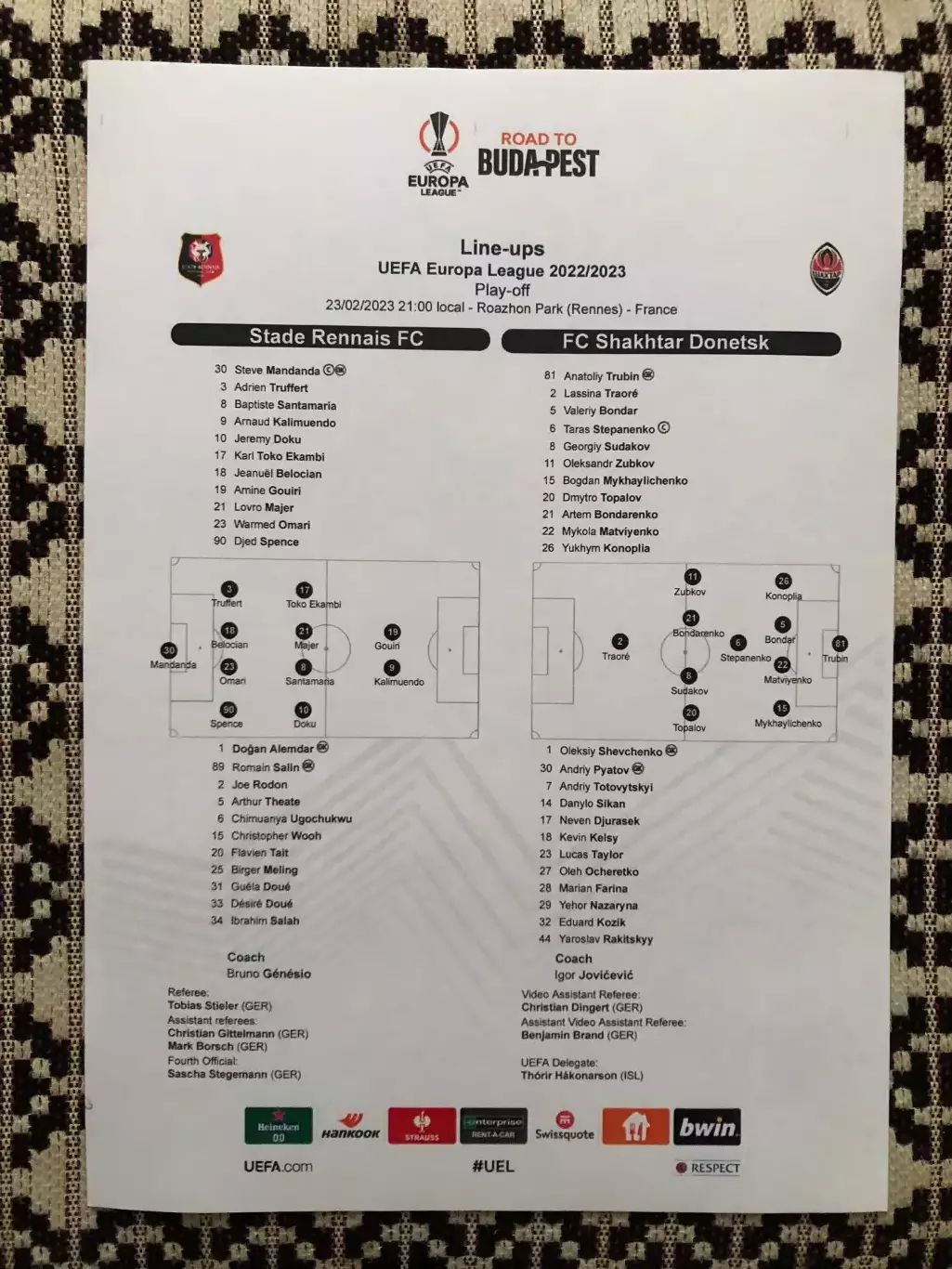 Акция! Все по 5 грн! Ренн - Шахтер Донецк. 23.02.2023. Стартовый протокол.
