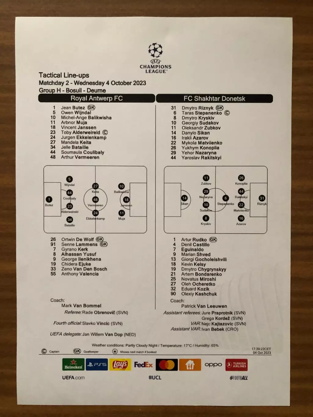 Акция! Все по 5 грн! Антверпен Шахтер. 04.10.2023. Стартовый протокол
