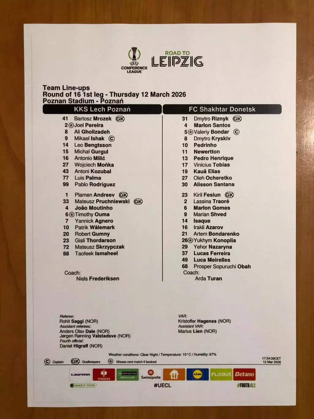 Лех Познань (Польша) - Шахтер Донецк. 12.03.2026. Стартовый протокол