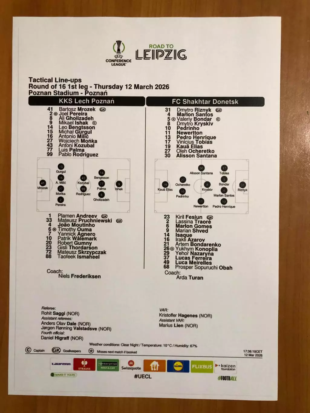 Лех Познань (Польша) - Шахтер Донецк. 12.03.2026. Стартовый протокол. 2-й вид
