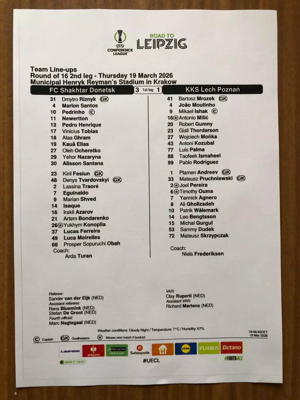 Шахтер Донецк - Лех Познань (Польша). 19.03.2026. Стартовый протокол. 2-й вид