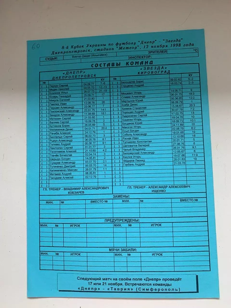 Днепр Днепропетровск - Звезда Кировоград. 12.11.1998. Кубок Украины 1