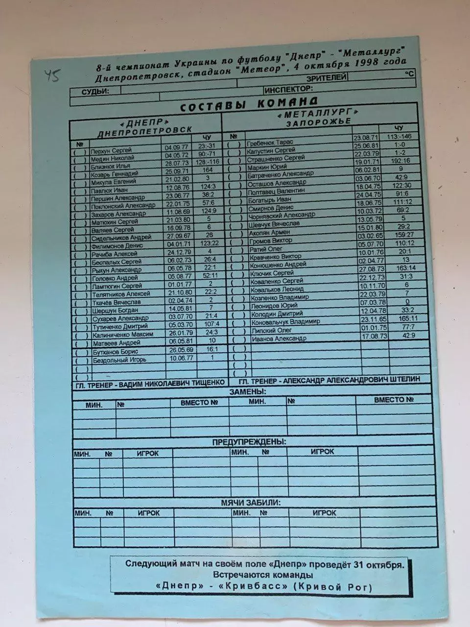 Днепр Днепропетровск - Металлург Запорожье. 04.10.1998 1