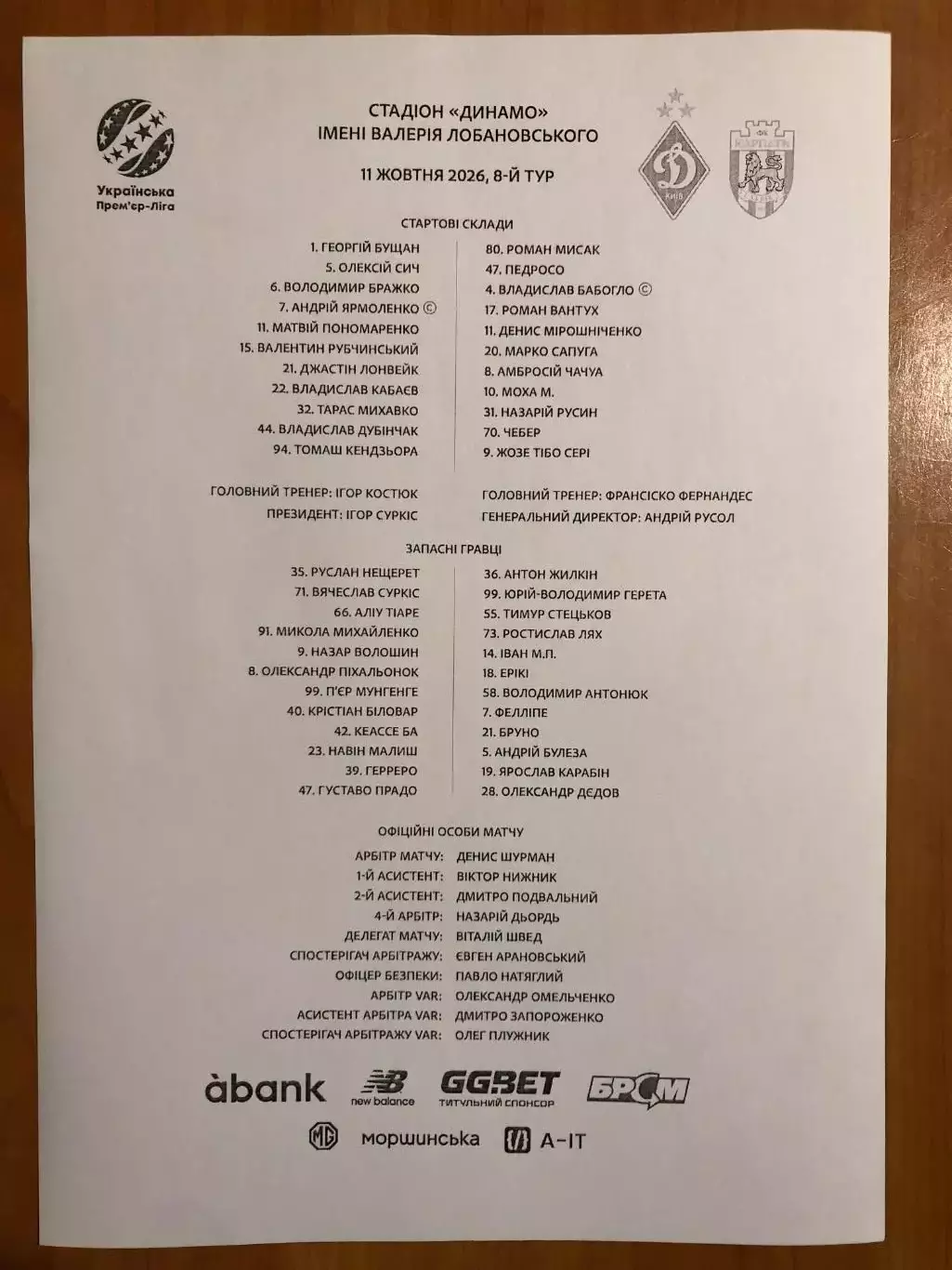 Динамо Киев - Карпаты. 11.10.2026. Стартовый протокол