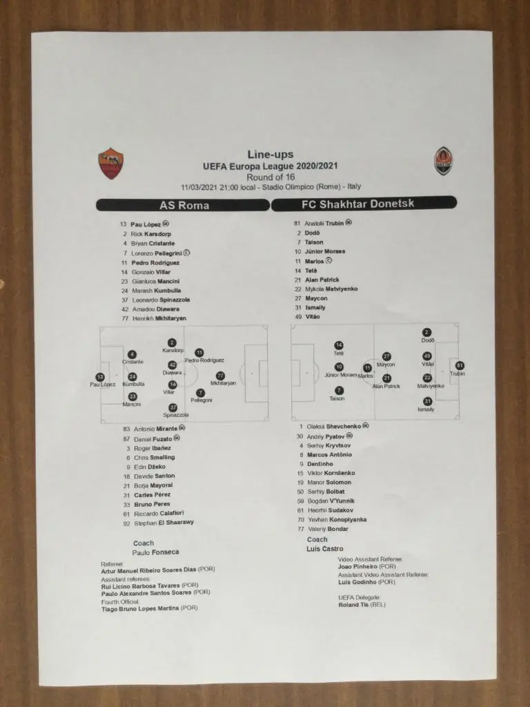 Рома - Шахтер. 11.03.2021. Стартовый протокол