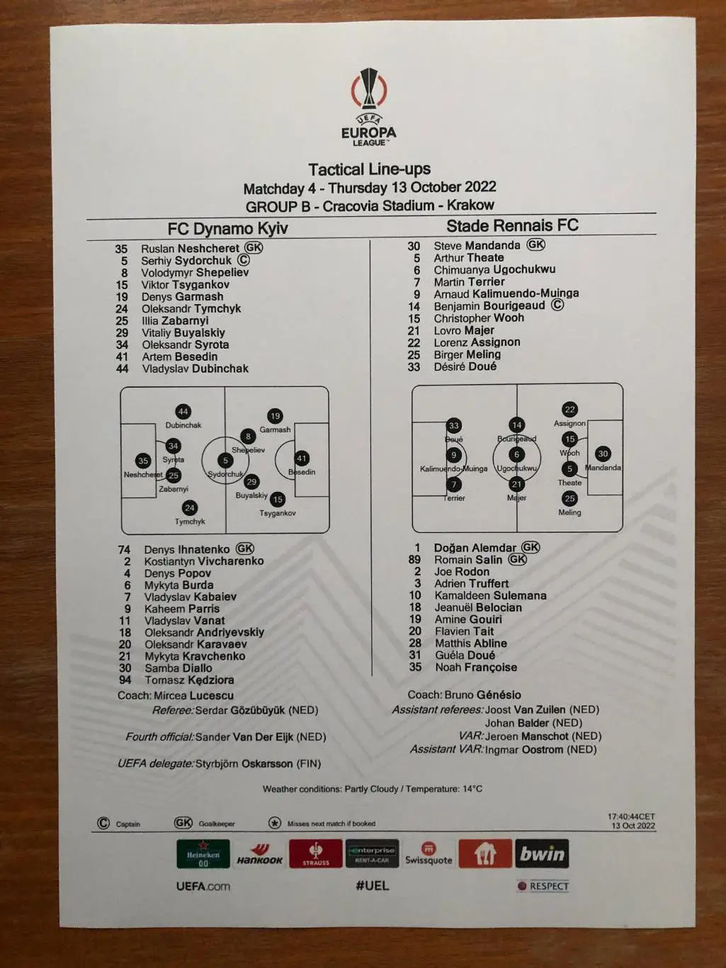 Динамо Киев - Ренн Франция. 13.10.2022. Стартовый протокол