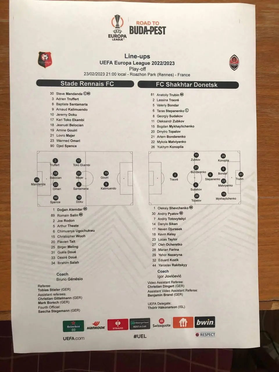 Ренн - Шахтер Донецк. 23.02.2023. Стартовый протокол.