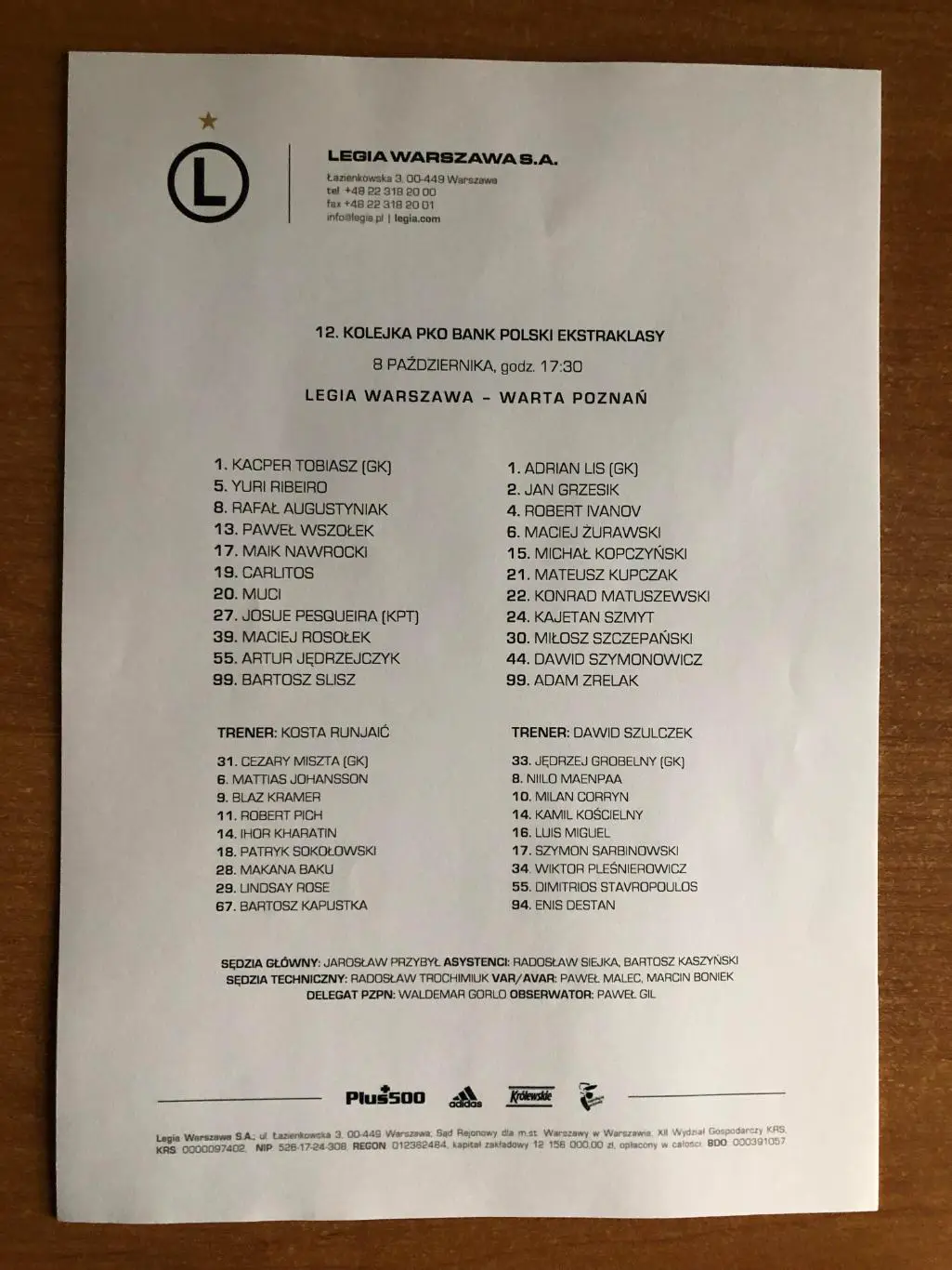 Легия Варшава - Варта Познань. 08.10.2022. Стартовый протокол