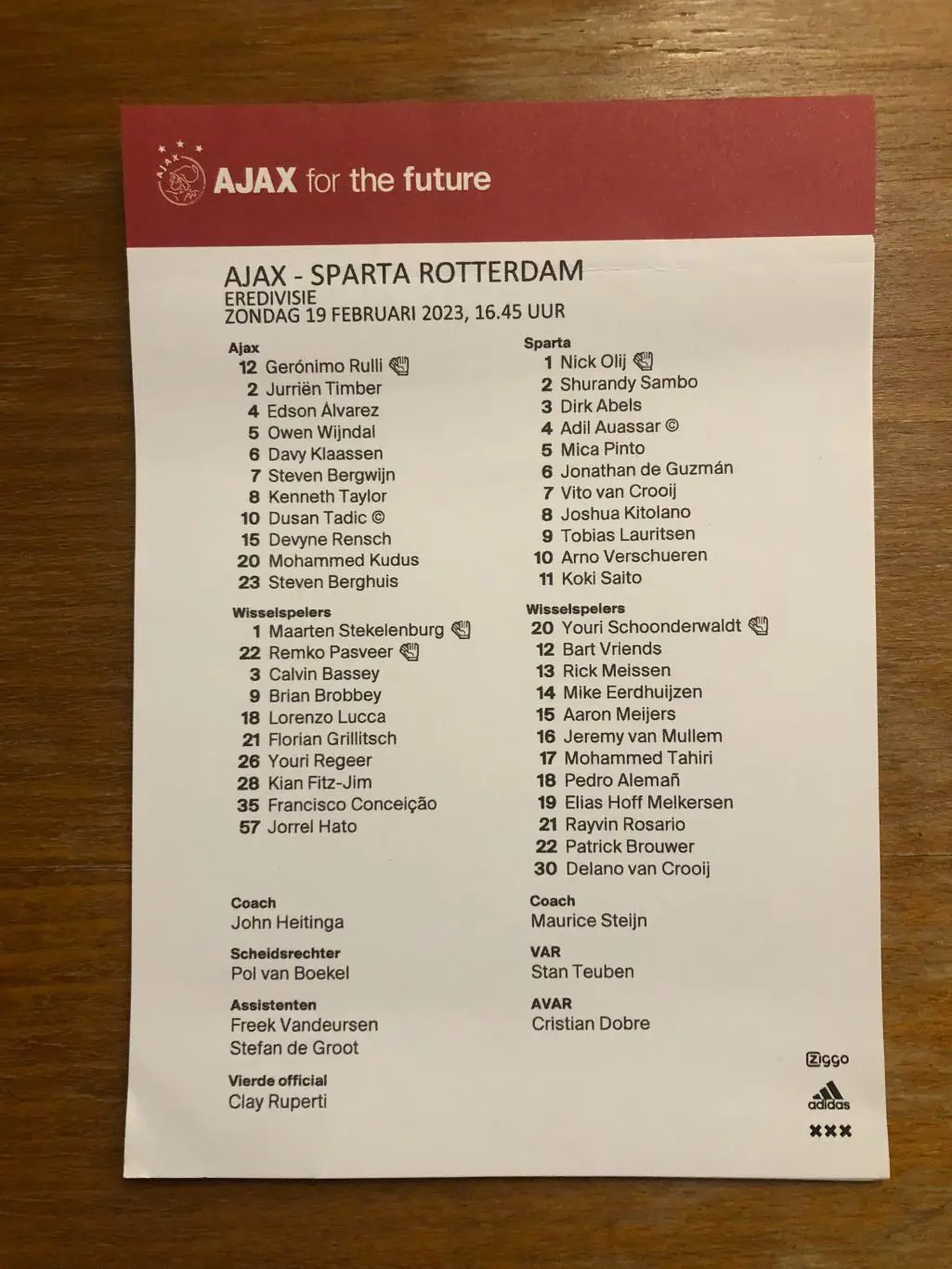 Аякс Амстердам - Спарта Роттердам. 19.02.2023. Стартовый протокол