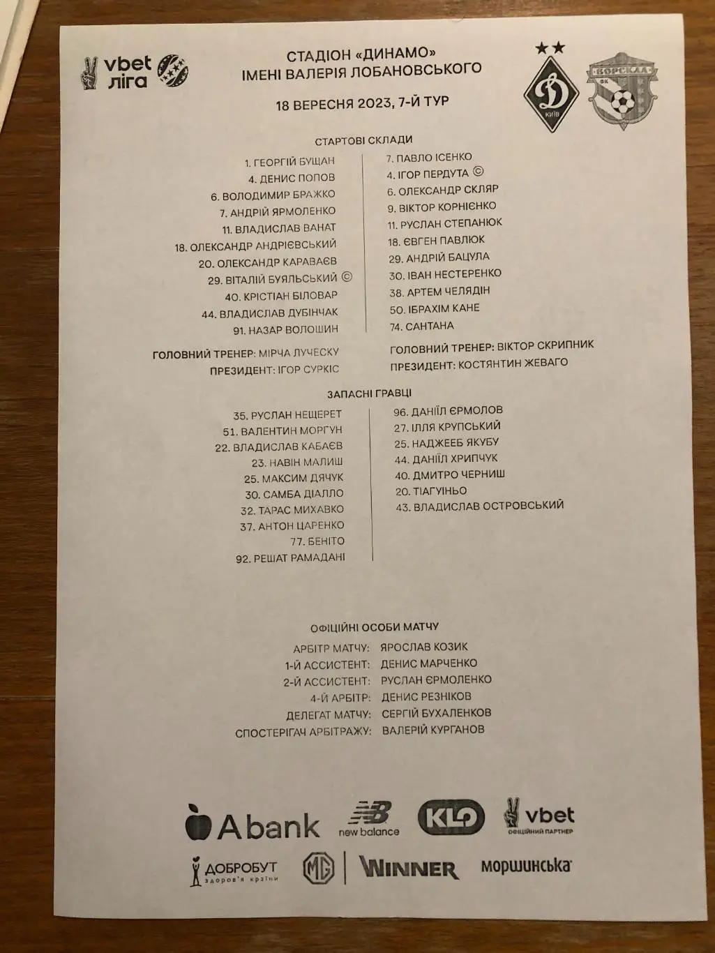 Динамо Киев - Ворскла. 18.09.2023. Стартовый протокол