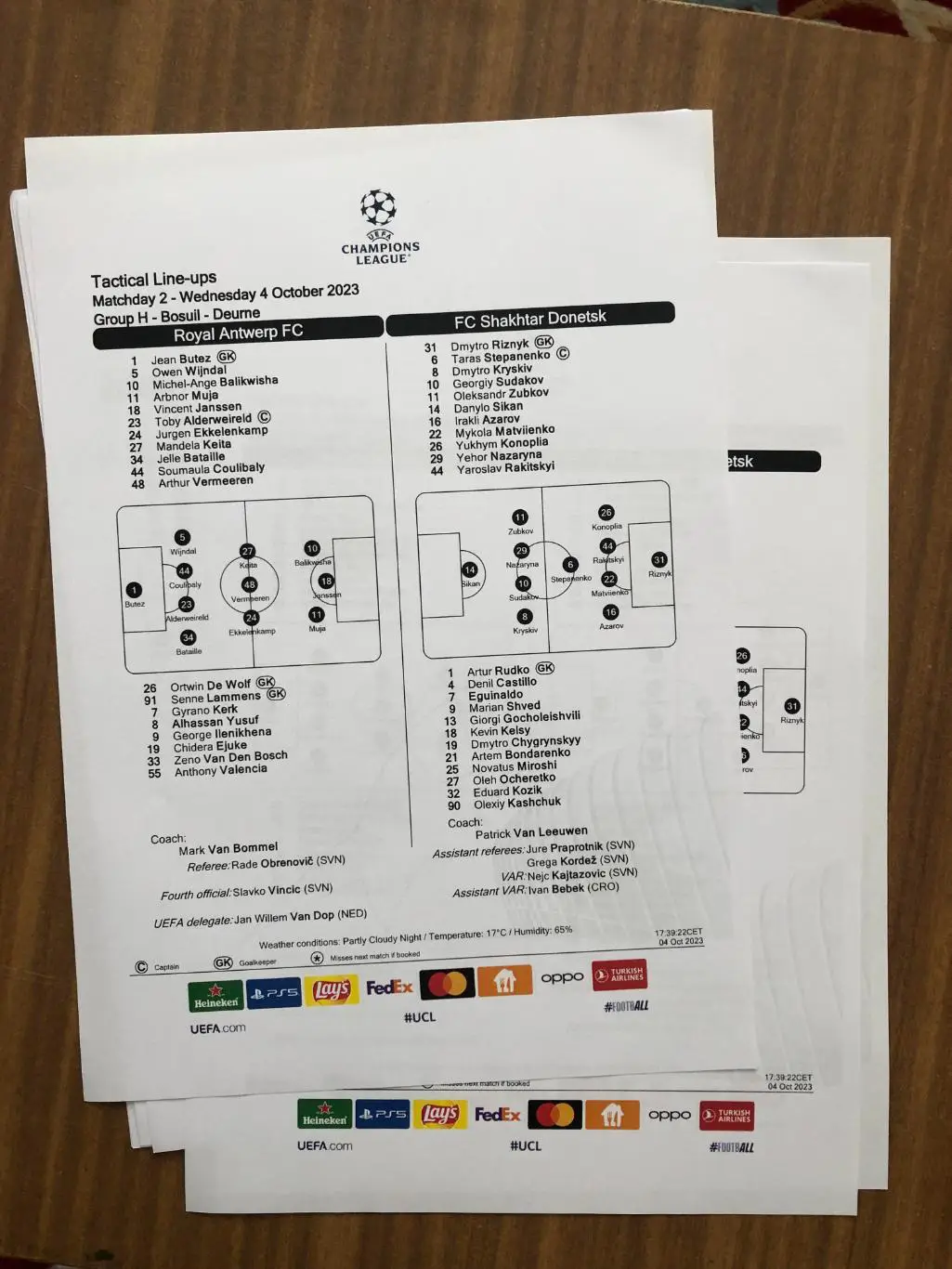 Антверпен Шахтер. 04.10.2023. Стартовый протокол