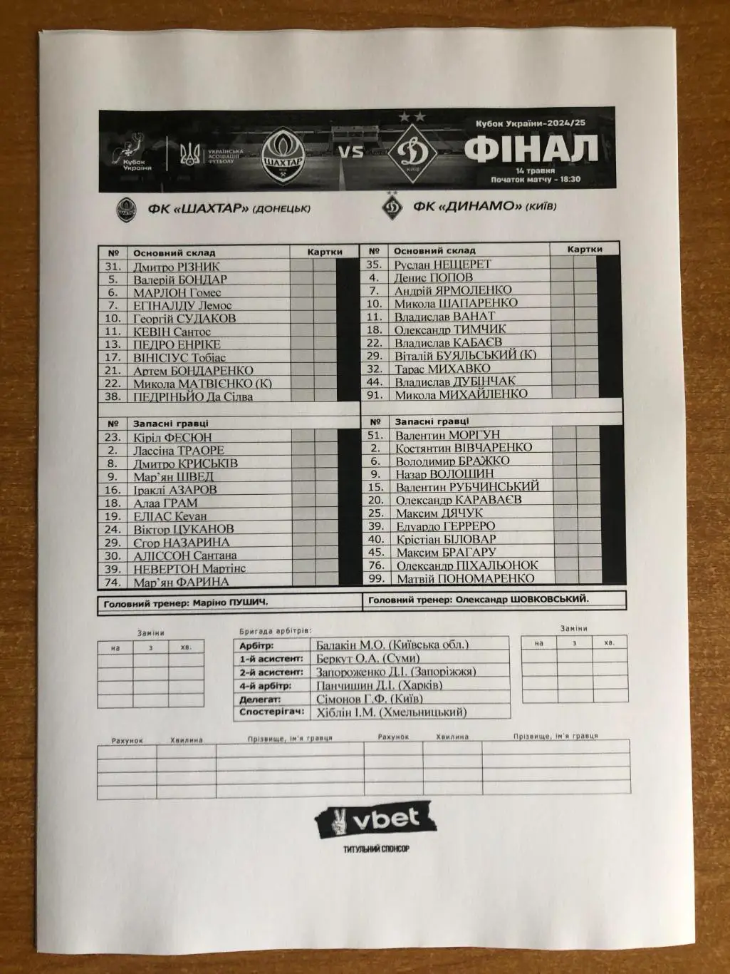 Шахтер - Динамо Киев. 14.05.2025. Кубок Украины. Финал. Стартовый протокол