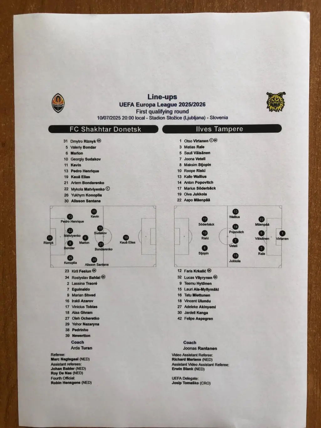 Шахтер Донецк - Ильвес (Финляндия). 10.07.2025. Стартовый протокол
