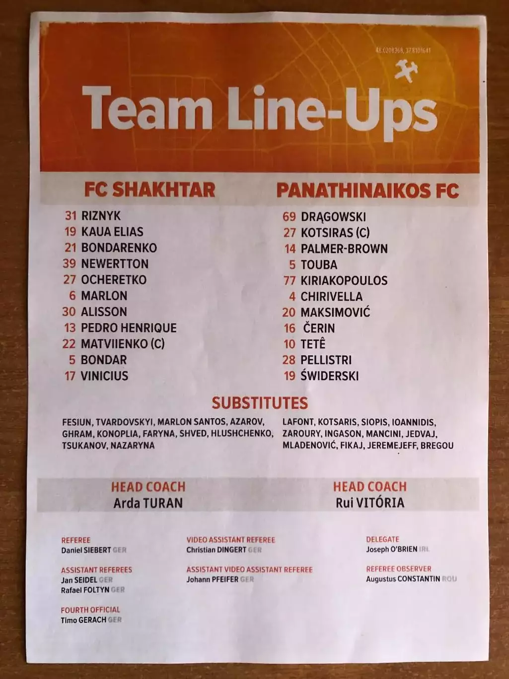 Шахтер Донецк - Панатинаикос (Греция). 14.08.2025. Стартовый протокол 1