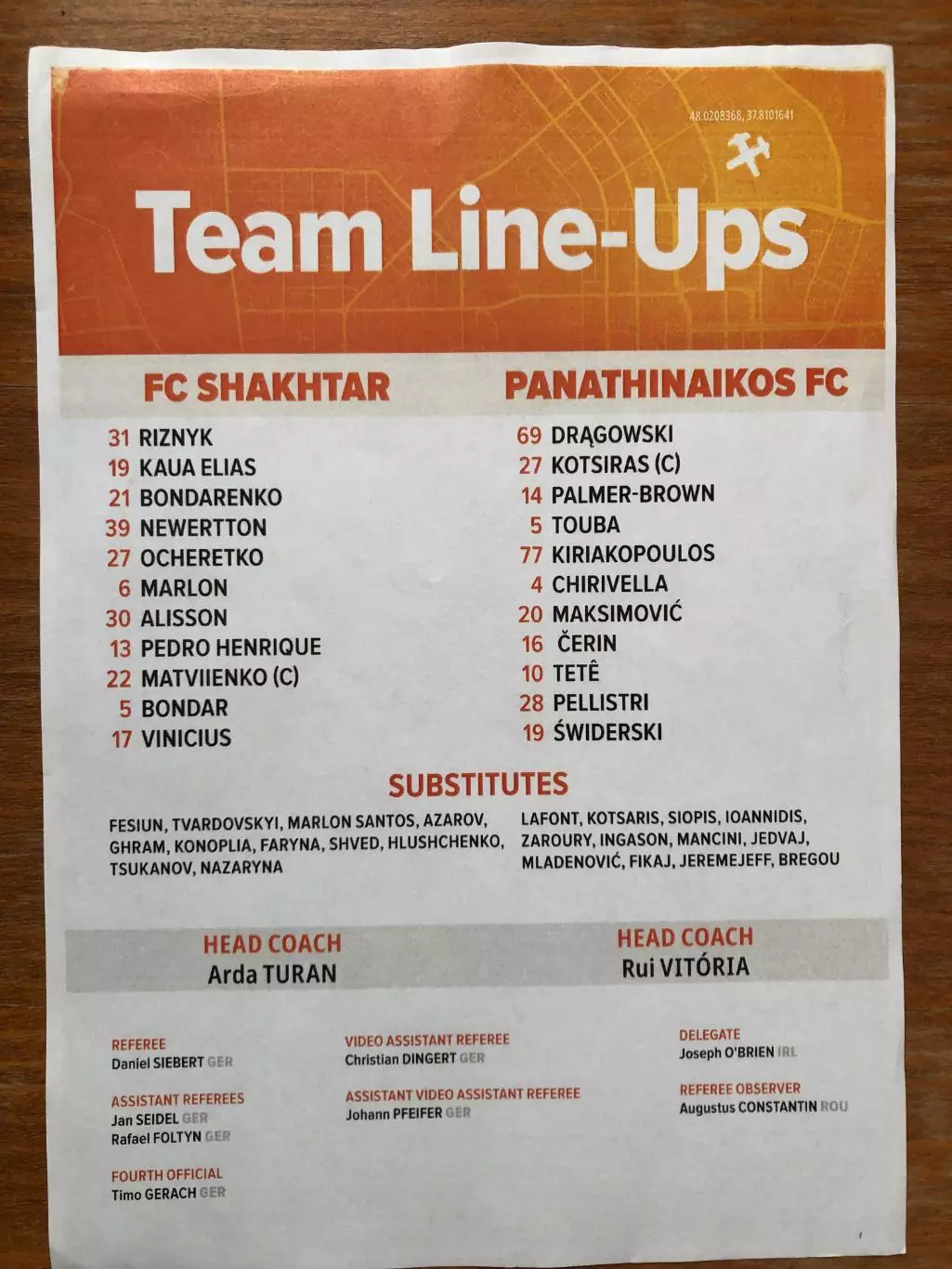 Шахтер Донецк - Панатинаикос (Греция). 14.08.2025. Стартовый протокол 1