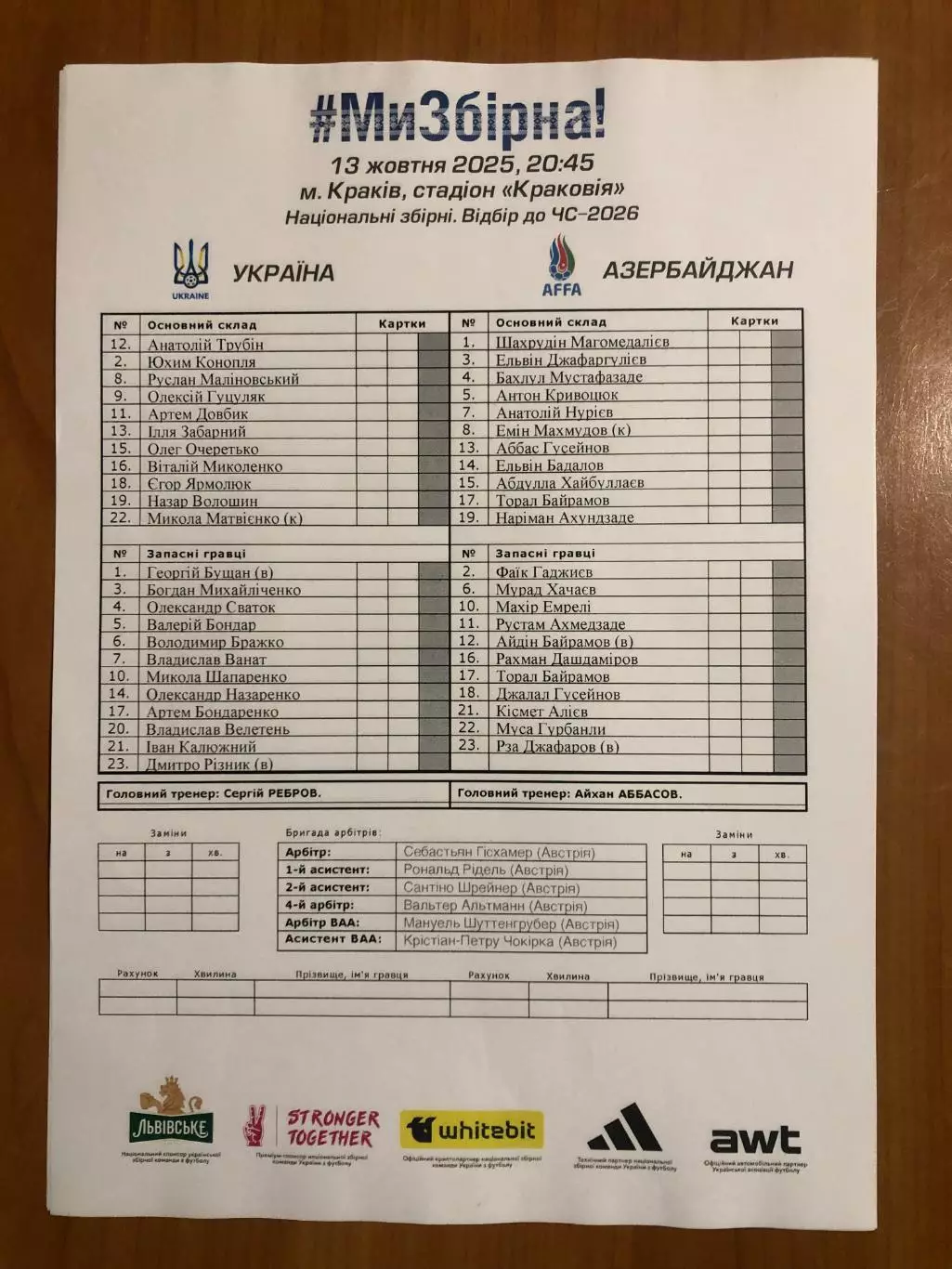 Украина - Азербайджан. 13.10.2025. Стартовый протокол