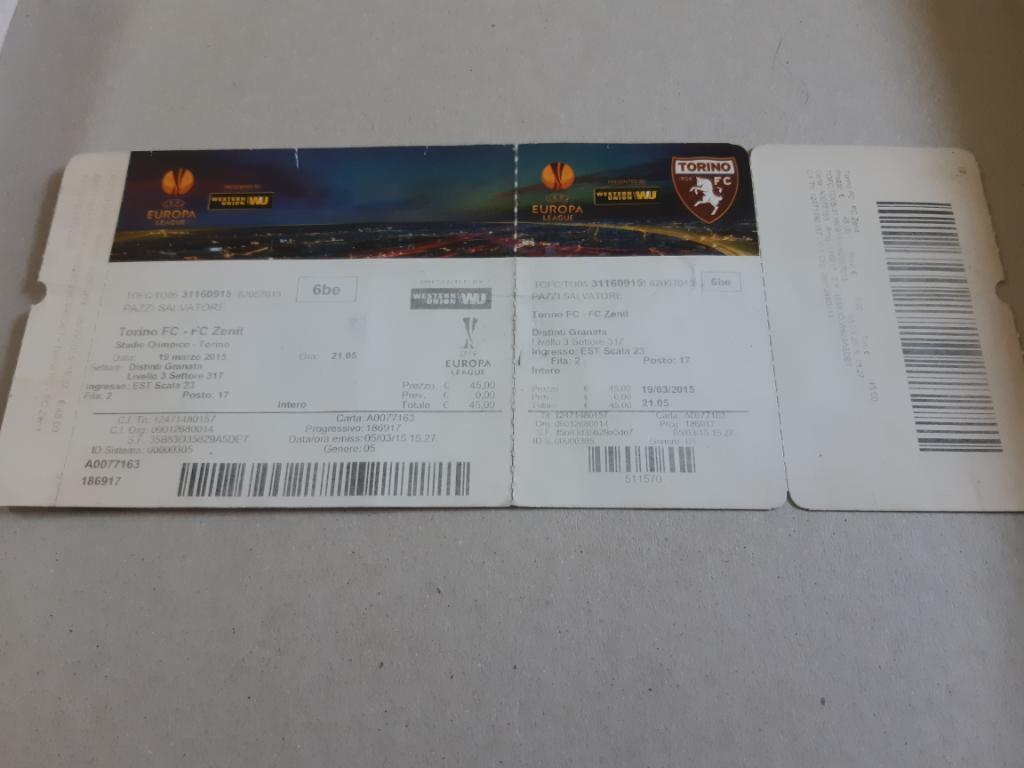 билет Торино - Зенит (Санкт-Петербург) 19.02.2015