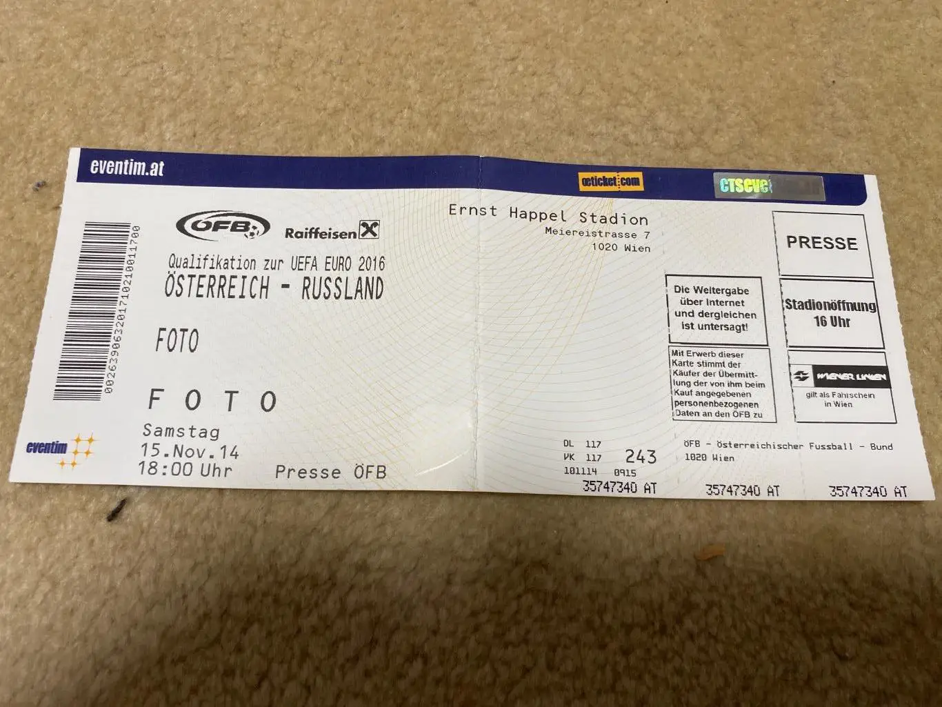 Билет Австрия - Россия 15.11.2014