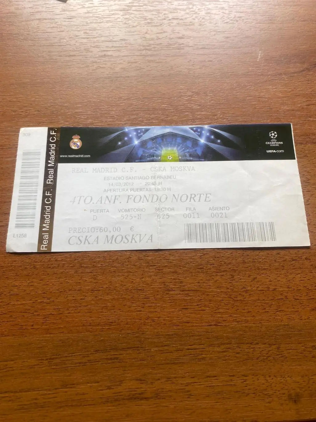 Билет. Реал Мадрид,Испания - ЦСКА Москва,Россия. Лига Чемпионов 2011-2012