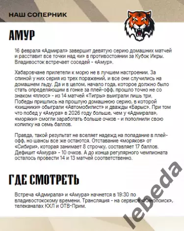 Адмирал Владивосток - Амур Хабаровск - 2025 / 2026 г.(16.02.26.) официальная 1