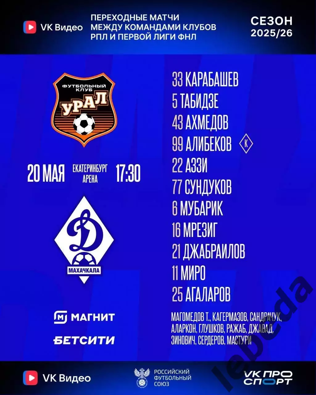 Урал Екатеринбург - Динамо Махачкала - 2025 / 2026 г. (20.05.26.) Матч№ 1.Стыки. 2