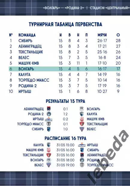 Волгарь Астрахань - Родина-2 Москва - 2025 / 2026 год.(31.05.26.) официальная. 1