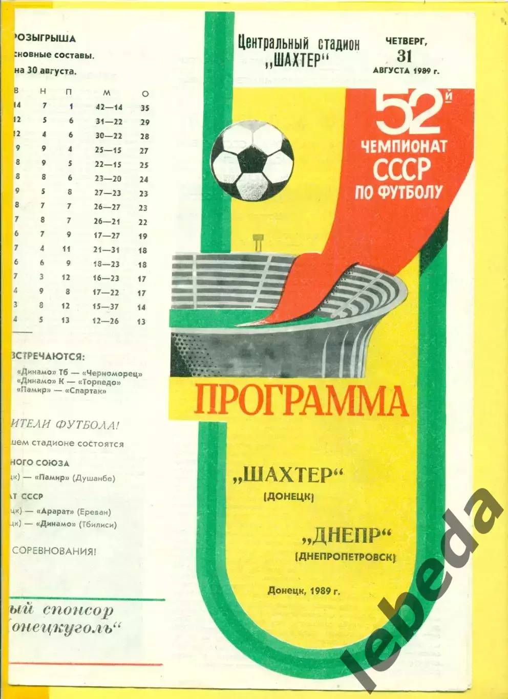 Шахтер Донецк - Днепр Днепропетровск - 1989 г. (31.08.89.)