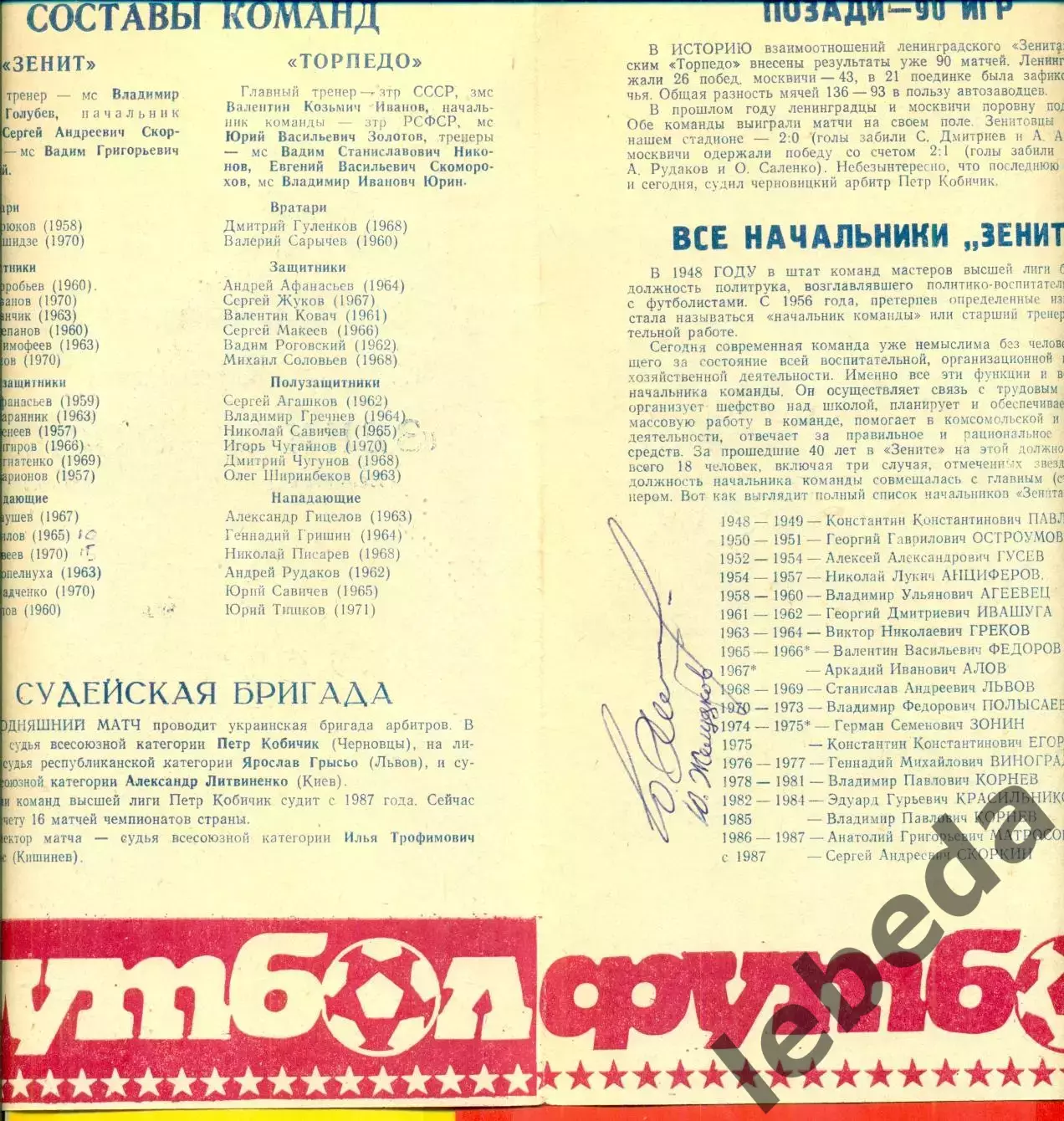 Юрий Желудков. Автограф на программке Зенит - Торпедо-1989 г.