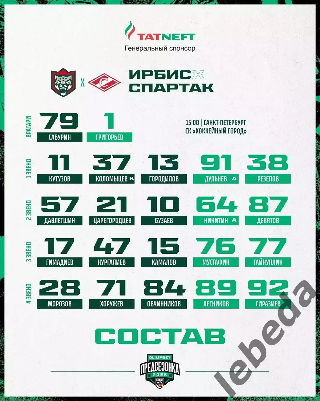 МХК Спартак Москва - Ирбис Казань - 2026 год. (06.08.2026.) Турнир Е.Н.Маслова. 2