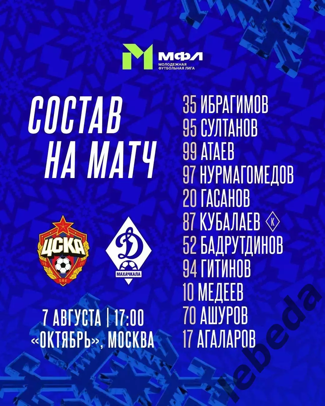 ЦСКА (мол) - Динамо Махачкала - 2026 год. (7.08.26.) 2