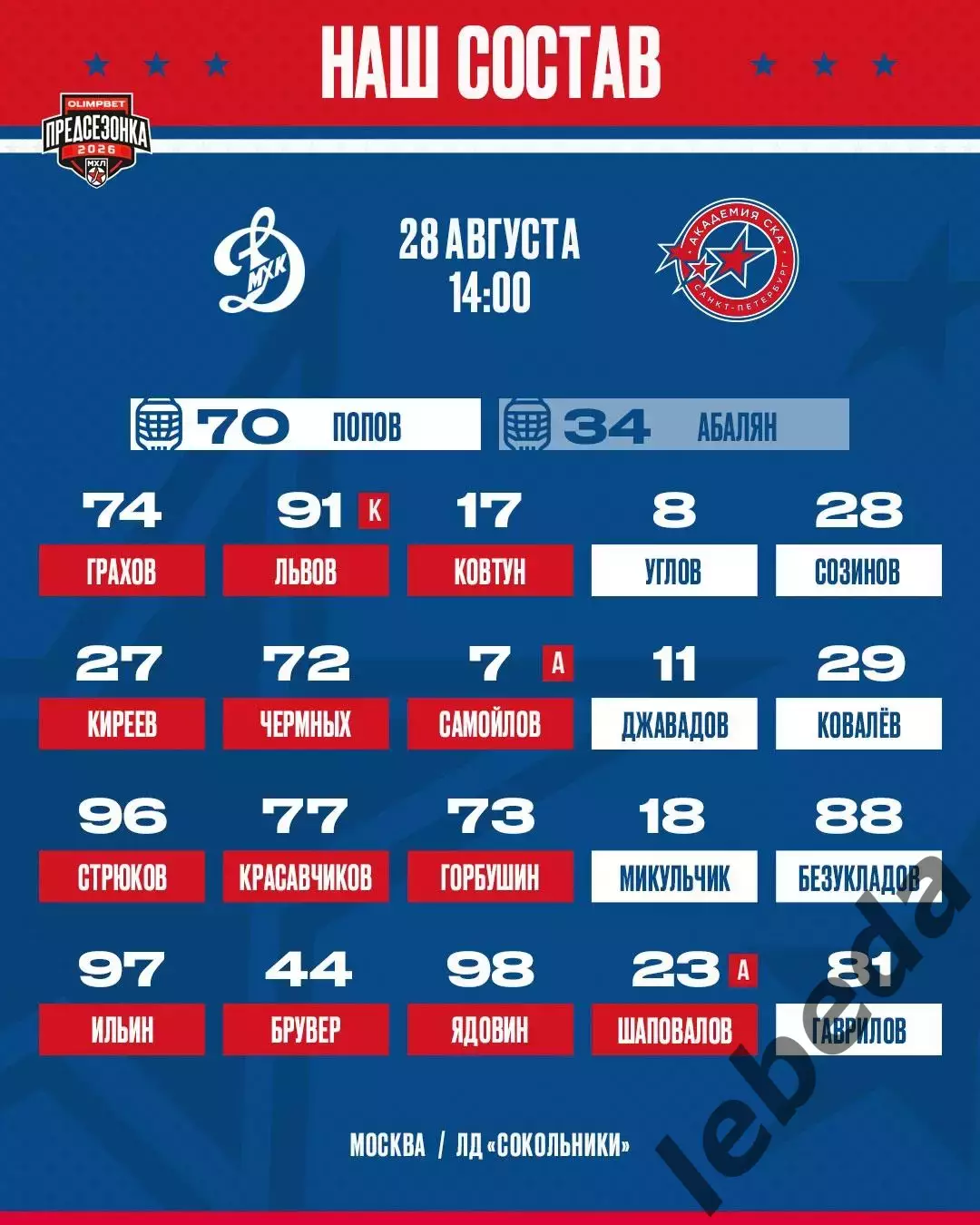 МХК Динамо Москва - Академия СКА - 2026 / 2027. (28.08.26) Кубок Спартака 1