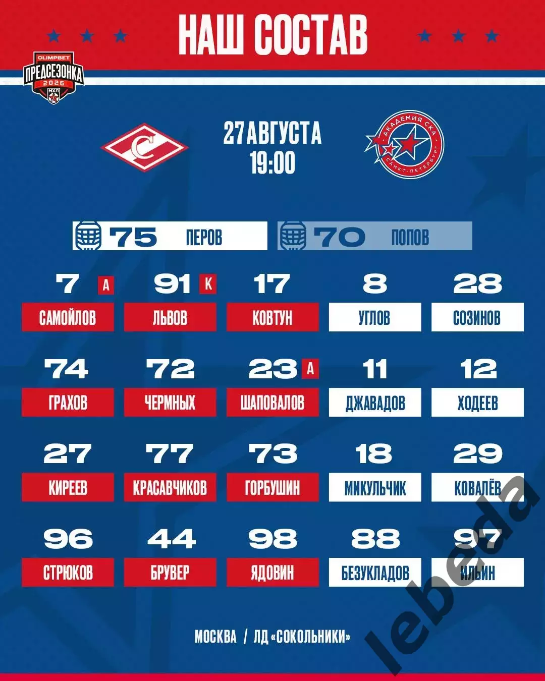 МХК Спартак Москва - Академия СКА - 2026 / 2027 г. (27.08.26.) Кубок Спартака 2