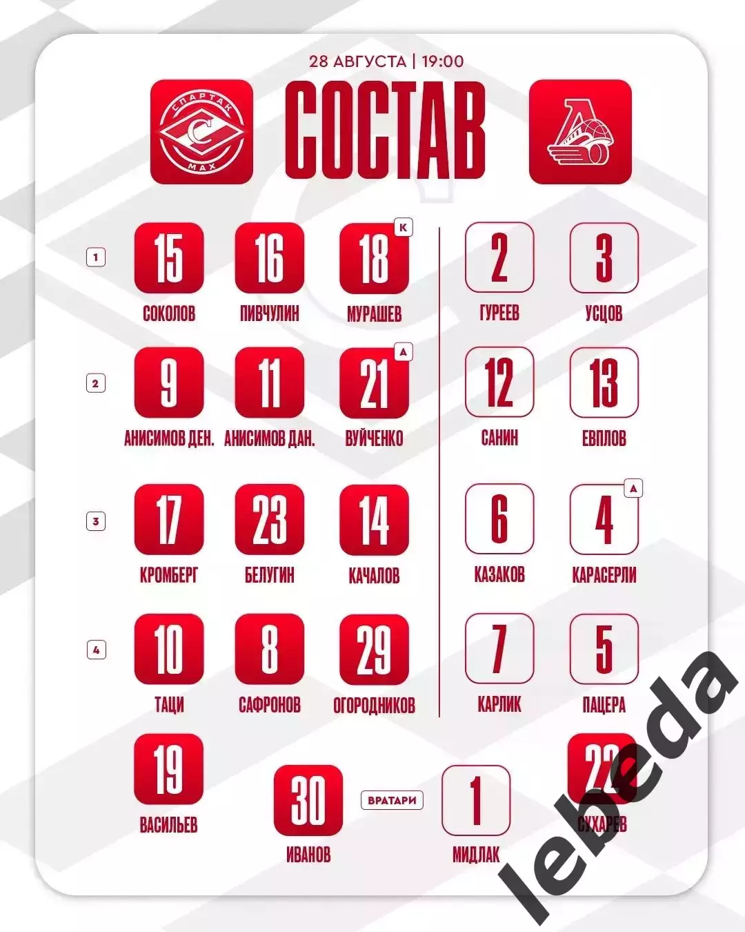 МХК Спартак МАХ - Локо Ярославль - 2026 / 2027 г. (28.08.26.) Кубок Спартака 1