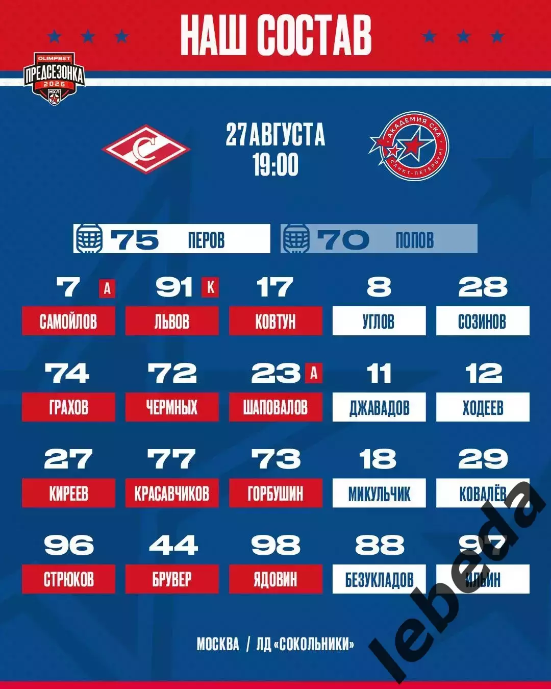МХК Спартак Москва - Академия СКА - 2026 / 2027 г. (27.08.26.) Кубок Спартака 2