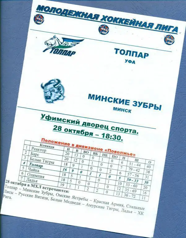 Толпар (Уфа) - Минские Зубры 28.10.10 (МХЛ)