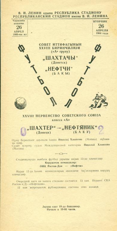 Нефтчи Баку - Шахтер Донецк - 1966 г.