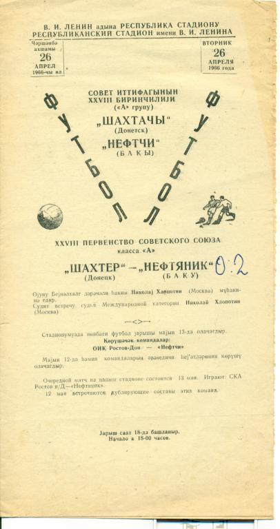 Нефтчи Баку - Шахтер Донецк - 1966 г.