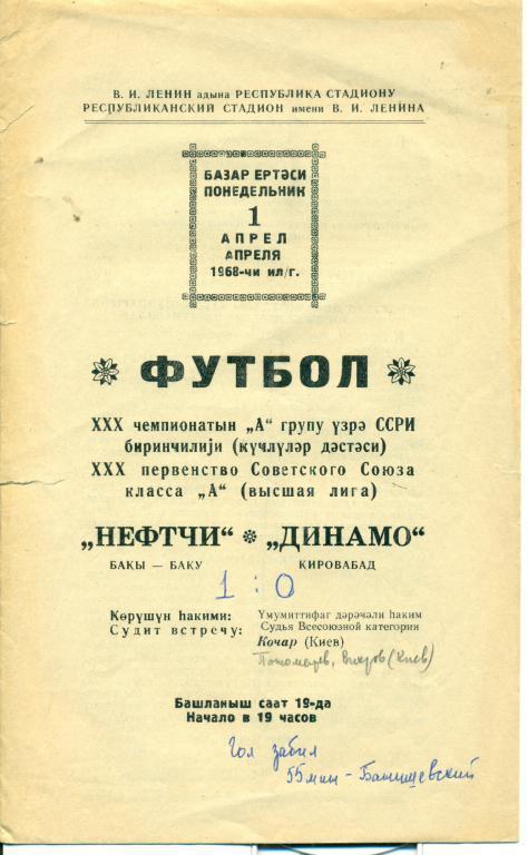 Нефтчи Баку - Динамо Кировобад - 1968 г.