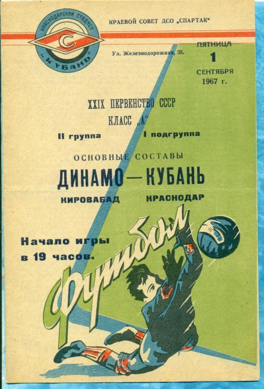 Кубань ( Краснодар ) - Динамо Кировобад - 1967 г.