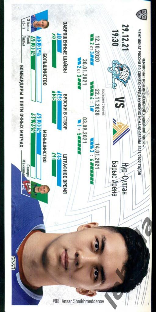 Барыс Астана - / Салават Юлаев Уфа - 2021 / 2022 год. (29.12.2021 г.)