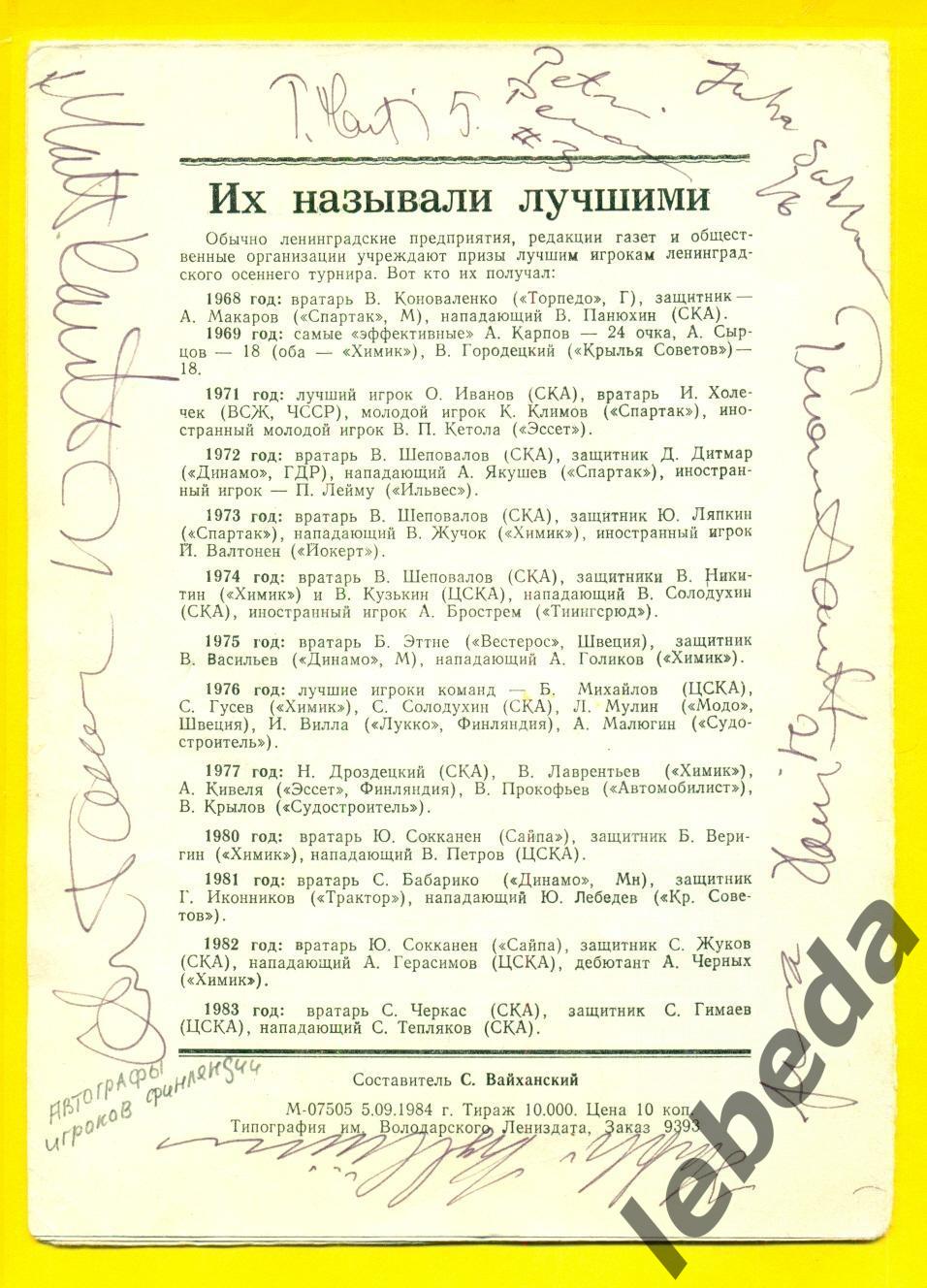 Автографы на программе. 1984 г. Торпедо НН (Федосов,Водопьянов,Юров игр.Финлянди 1