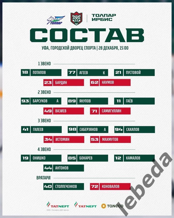 Толпар Уфа - Ирбис Казань - 2024 / 2025 год. (28.12.24.) 2